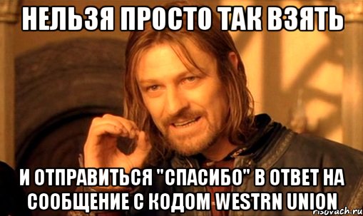 нельзя просто так взять и отправиться "спасибо" в ответ на сообщение с кодом westrn union, Мем Нельзя просто так взять и (Боромир мем)