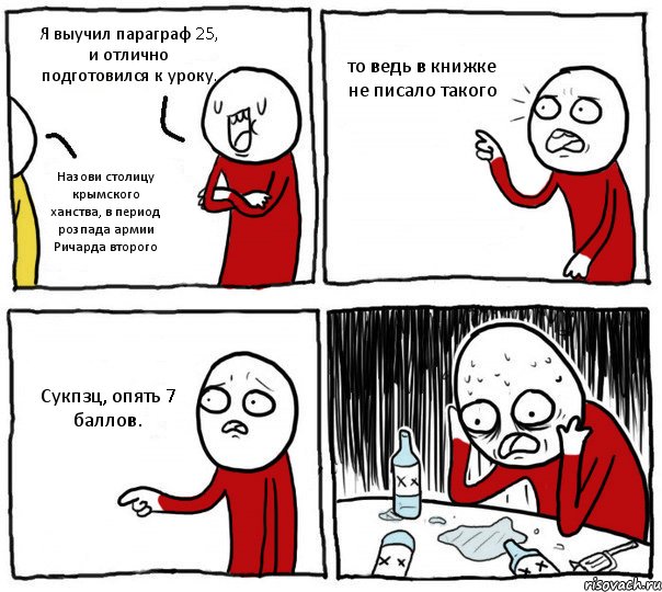 Я выучил параграф 25, и отлично подготовился к уроку. Назови столицу крымского ханства, в период розпада армии Ричарда второго то ведь в книжке не писало такого Сукпзц, опять 7 баллов., Комикс Но я же