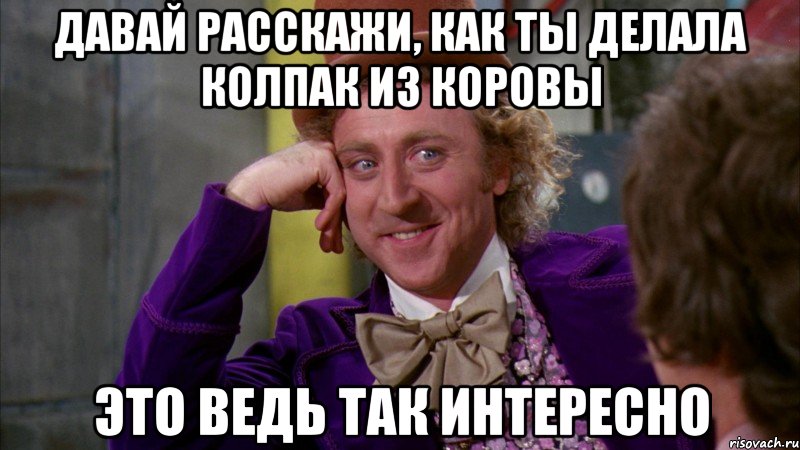 давай расскажи, как ты делала колпак из коровы это ведь так интересно, Мем Ну давай расскажи (Вилли Вонка)