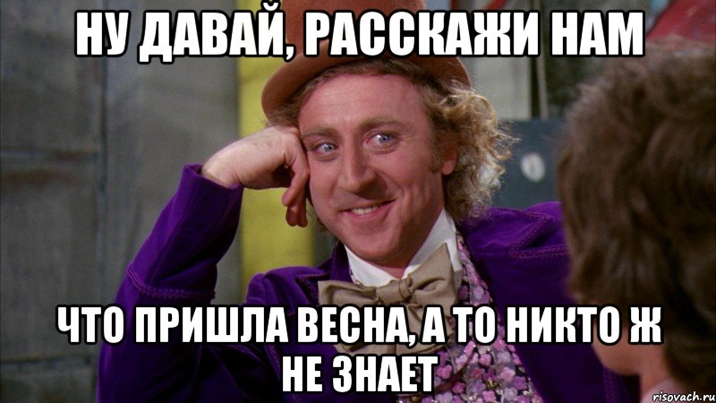 ну давай, расскажи нам что пришла весна, а то никто ж не знает, Мем Ну давай расскажи (Вилли Вонка)