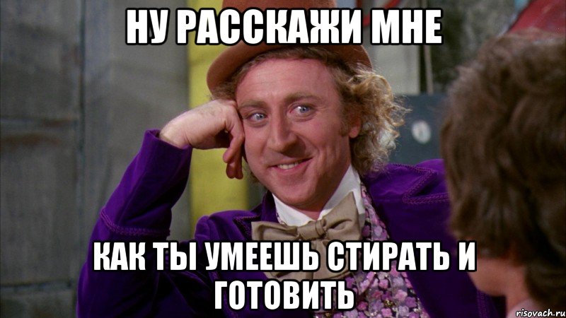 ну расскажи мне как ты умеешь стирать и готовить, Мем Ну давай расскажи (Вилли Вонка)