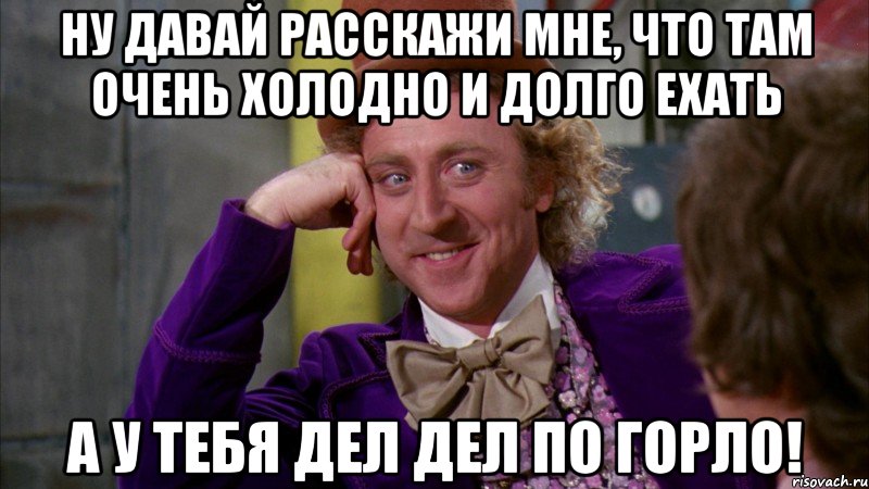 ну давай расскажи мне, что там очень холодно и долго ехать а у тебя дел дел по горло!, Мем Ну давай расскажи (Вилли Вонка)