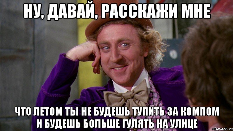 ну, давай, расскажи мне что летом ты не будешь тупить за компом и будешь больше гулять на улице, Мем Ну давай расскажи (Вилли Вонка)