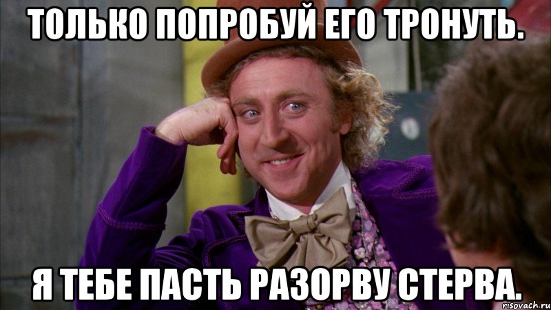 только попробуй его тронуть. я тебе пасть разорву стерва., Мем Ну давай расскажи (Вилли Вонка)