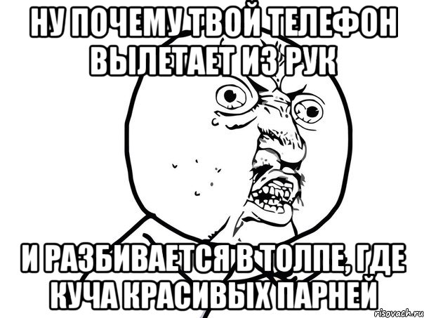 ну почему твой телефон вылетает из рук и разбивается в толпе, где куча красивых парней, Мем Ну почему (белый фон)