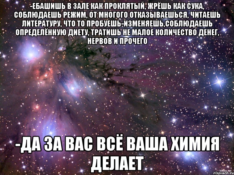 -ебашишь в зале как проклятый, жрёшь как сука, соблюдаешь режим, от многого отказываешься, читаешь литературу, что то пробуешь-изменяешь,соблюдаешь определённую диету, тратишь не малое количество денег, нервов и прочего -да за вас всё ваша химия делает, Мем Космос