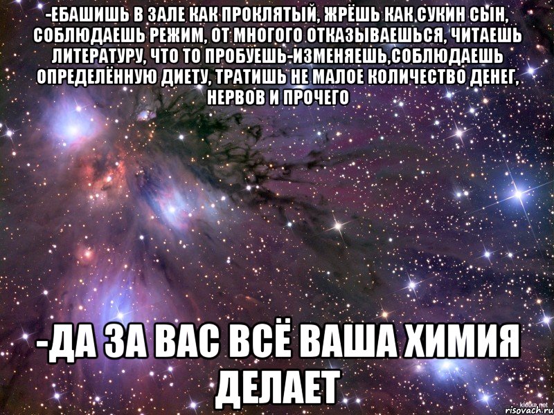 -ебашишь в зале как проклятый, жрёшь как сукин сын, соблюдаешь режим, от многого отказываешься, читаешь литературу, что то пробуешь-изменяешь,соблюдаешь определённую диету, тратишь не малое количество денег, нервов и прочего -да за вас всё ваша химия делает, Мем Космос