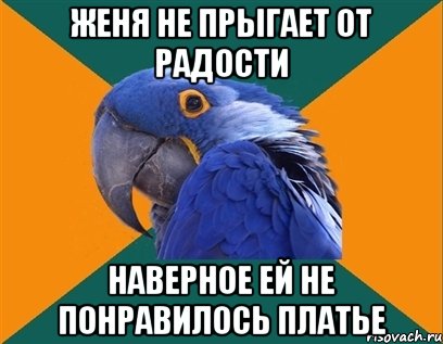 женя не прыгает от радости наверное ей не понравилось платье, Мем Попугай параноик