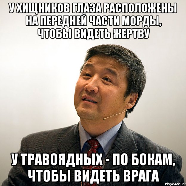 у хищников глаза расположены на передней части морды, чтобы видеть жертву у травоядных - по бокам, чтобы видеть врага, Мем Профессор Хуй