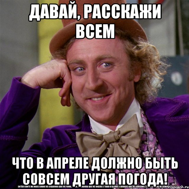 давай, расскажи всем что в апреле должно быть совсем другая погода!, Мем Ну давай расскажи (Вилли Вонка)