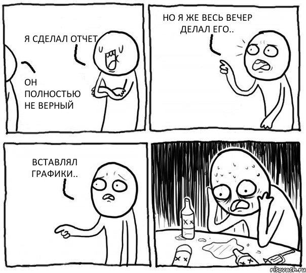Я СДЕЛАЛ ОТЧЕТ ОН ПОЛНОСТЬЮ НЕ ВЕРНЫЙ НО Я ЖЕ ВЕСЬ ВЕЧЕР ДЕЛАЛ ЕГО.. ВСТАВЛЯЛ ГРАФИКИ.., Комикс Самонадеянный алкоголик