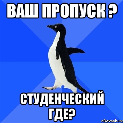 ваш пропуск ? студенческий где?, Мем  Социально-неуклюжий пингвин