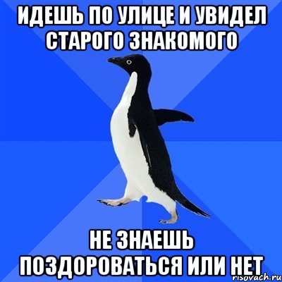 идешь по улице и увидел старого знакомого не знаешь поздороваться или нет, Мем  Социально-неуклюжий пингвин