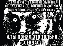 то самое чувство то самое чувство, когда с тобой в одном классе училась кудере, лоли-цундере, моэ, и отаку и ты понял это только сейчас, Мем СТЕРВА face