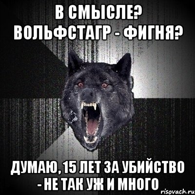 в смысле? вольфстагр - фигня? думаю, 15 лет за убийство - не так уж и много, Мем Сумасшедший волк