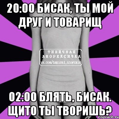 20:00 бисак, ты мой друг и товарищ 02:00 блять, бисак. щито ты творишь?, Мем Типичная анорексичка