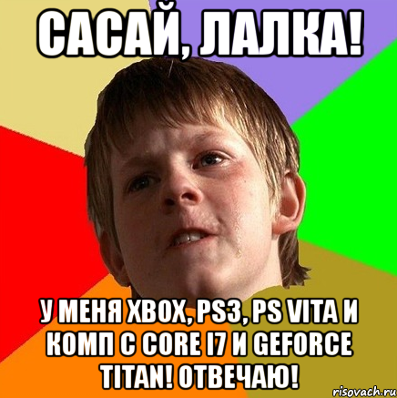 сасай, лалка! у меня xbox, ps3, ps vita и комп с core i7 и geforce titan! отвечаю!, Мем Злой школьник