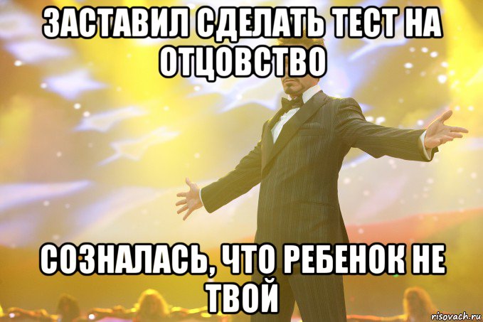 заставил сделать тест на отцовство созналась, что ребенок не твой, Мем Тони Старк (Роберт Дауни младший)