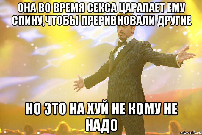 она во время секса царапает ему спину,чтобы преривновали другие но это на хуй не кому не надо, Мем Тони Старк (Роберт Дауни младший)