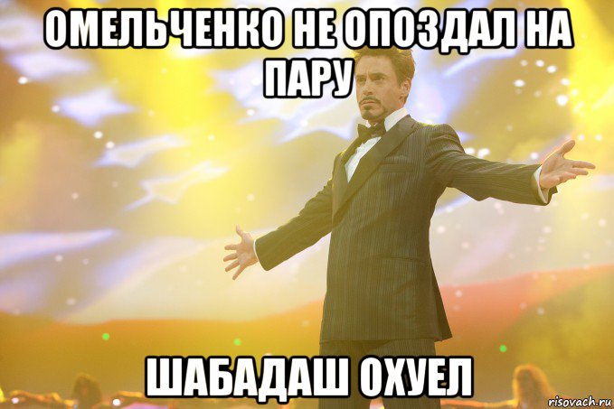 омельченко не опоздал на пару шабадаш охуел, Мем Тони Старк (Роберт Дауни младший)