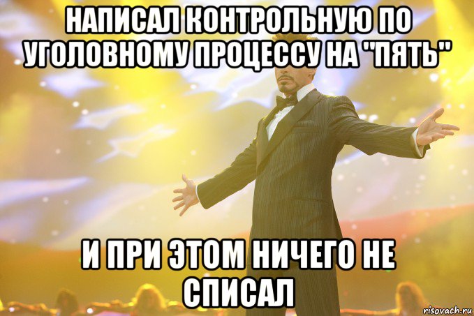 написал контрольную по уголовному процессу на "пять" и при этом ничего не списал, Мем Тони Старк (Роберт Дауни младший)