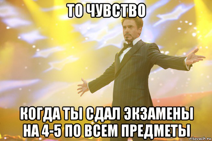 то чувство когда ты сдал экзамены на 4-5 по всем предметы, Мем Тони Старк (Роберт Дауни младший)