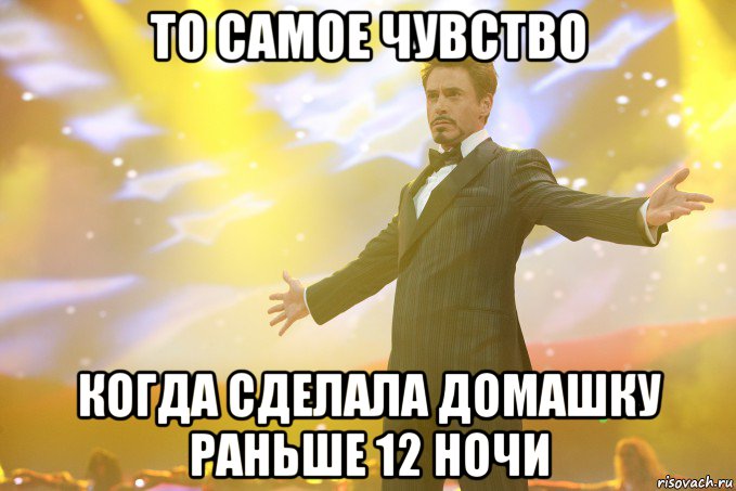 то самое чувство когда сделала домашку раньше 12 ночи, Мем Тони Старк (Роберт Дауни младший)