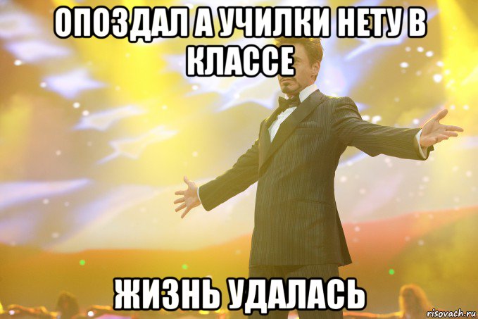 опоздал а училки нету в классе жизнь удалась, Мем Тони Старк (Роберт Дауни младший)