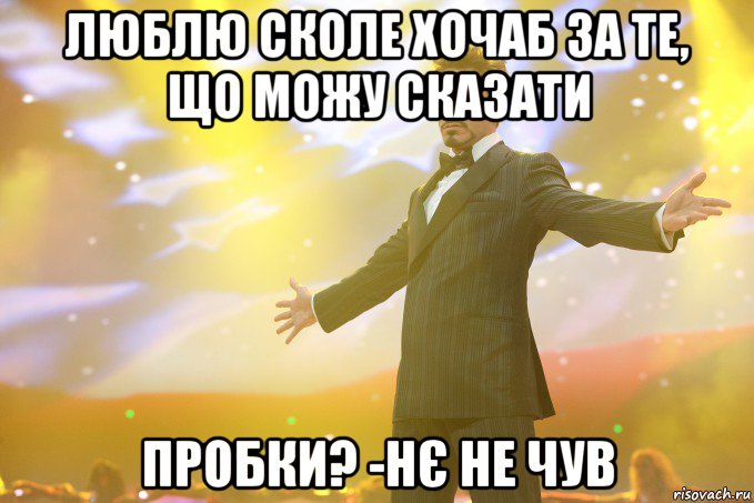 люблю сколе хочаб за те, що можу сказати пробки? -нє не чув, Мем Тони Старк (Роберт Дауни младший)