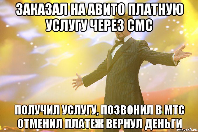 заказал на авито платную услугу через смс получил услугу, позвонил в мтс отменил платеж вернул деньги, Мем Тони Старк (Роберт Дауни младший)