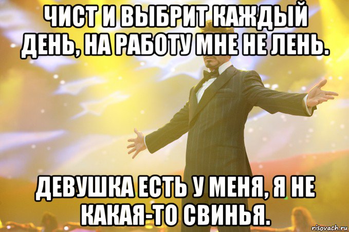 чист и выбрит каждый день, на работу мне не лень. девушка есть у меня, я не какая-то свинья., Мем Тони Старк (Роберт Дауни младший)