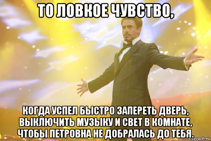 то ловкое чувство, когда успел быстро запереть дверь, выключить музыку и свет в комнате, чтобы петровна не добралась до тебя., Мем Тони Старк (Роберт Дауни младший)