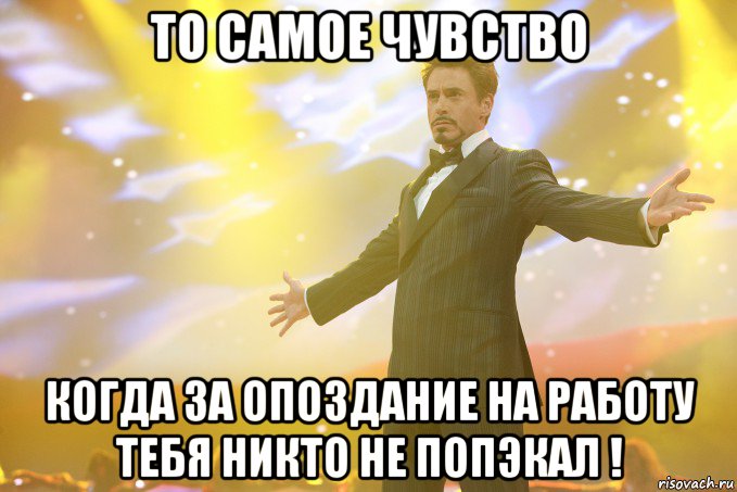 то самое чувство когда за опоздание на работу тебя никто не попэкал !, Мем Тони Старк (Роберт Дауни младший)