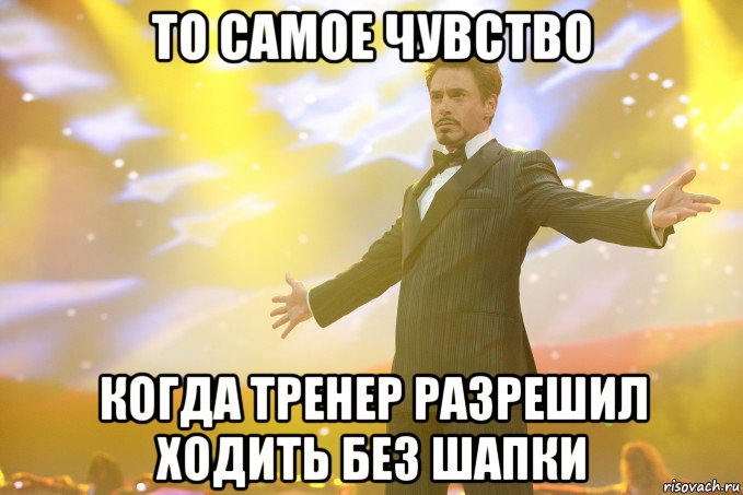 то самое чувство когда тренер разрешил ходить без шапки, Мем Тони Старк (Роберт Дауни младший)