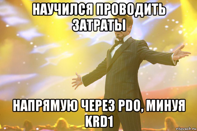 научился проводить затраты напрямую через pdo, минуя krd1, Мем Тони Старк (Роберт Дауни младший)