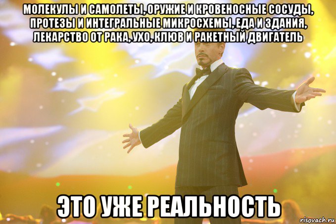 молекулы и самолеты, оружие и кровеносные сосуды, протезы и интегральные микросхемы, еда и здания, лекарство от рака, ухо, клюв и ракетный двигатель это уже реальность, Мем Тони Старк (Роберт Дауни младший)