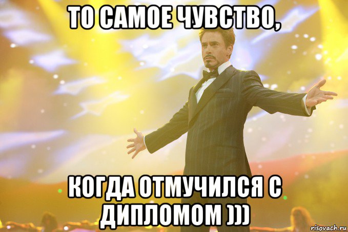 то самое чувство, когда отмучился с дипломом ))), Мем Тони Старк (Роберт Дауни младший)