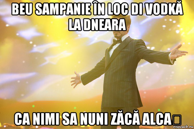 beu sampanie în loc di vodkă la dneara ca nimi sa nuni zăcă alcaș, Мем Тони Старк (Роберт Дауни младший)