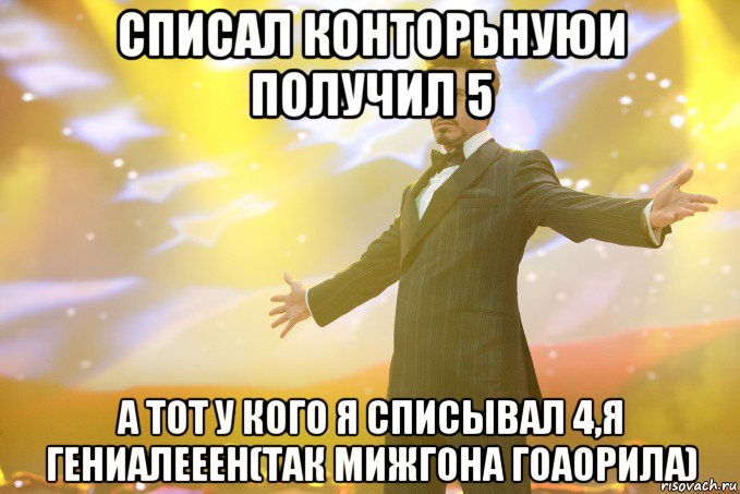 списал конторьнуюи получил 5 а тот у кого я списывал 4,я гениалееен(так мижгона гоаорила), Мем Тони Старк (Роберт Дауни младший)