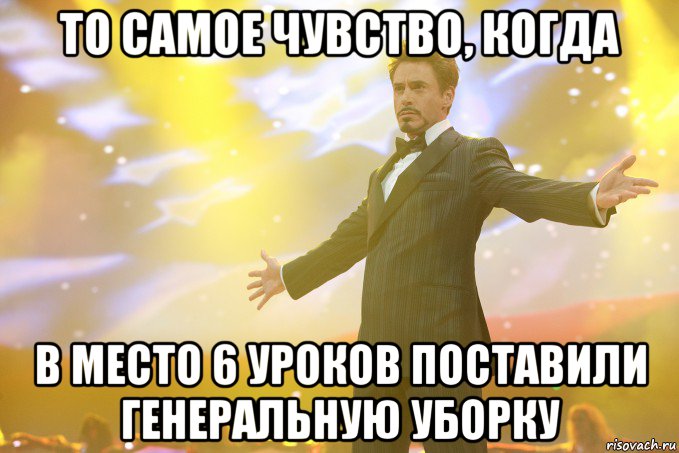 то самое чувство, когда в место 6 уроков поставили генеральную уборку, Мем Тони Старк (Роберт Дауни младший)