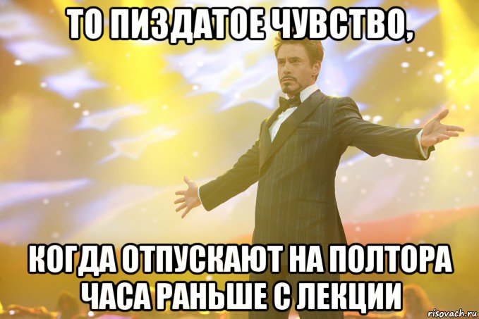 то пиздатое чувство, когда отпускают на полтора часа раньше с лекции, Мем Тони Старк (Роберт Дауни младший)