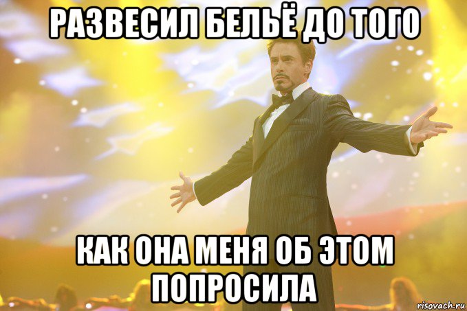 развесил бельё до того как она меня об этом попросила, Мем Тони Старк (Роберт Дауни младший)