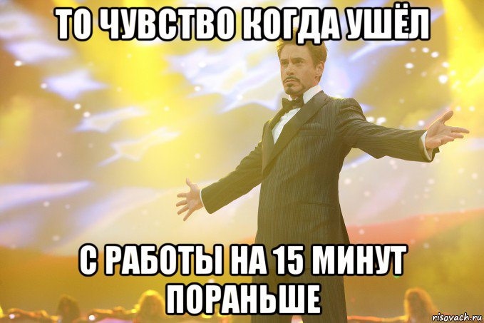 то чувство когда ушёл с работы на 15 минут пораньше, Мем Тони Старк (Роберт Дауни младший)