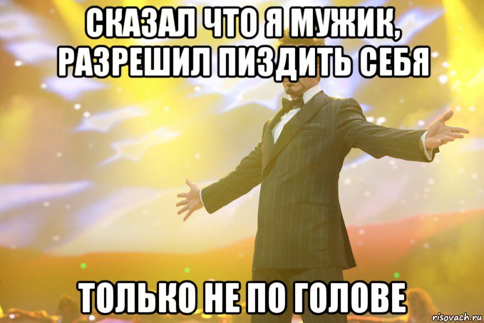 сказал что я мужик, разрешил пиздить себя только не по голове, Мем Тони Старк (Роберт Дауни младший)