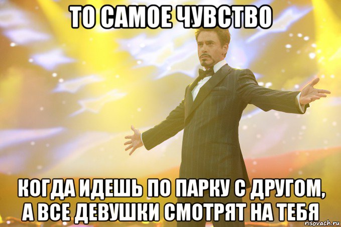 то самое чувство когда идешь по парку с другом, а все девушки смотрят на тебя, Мем Тони Старк (Роберт Дауни младший)