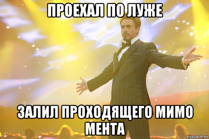 проехал по луже залил проходящего мимо мента, Мем Тони Старк (Роберт Дауни младший)