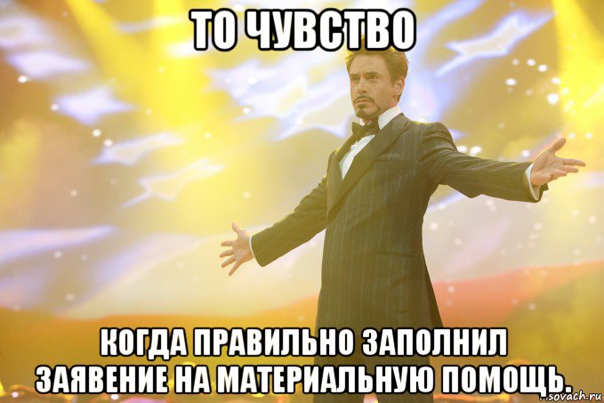 то чувство когда правильно заполнил заявение на материальную помощь., Мем Тони Старк (Роберт Дауни младший)