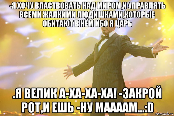 -я хочу властвовать над миром,и управлять всеми жалкими людишками,которые обитают в нём ибо я царь .я велик а-ха-ха-ха! -закрой рот,и ешь -ну маааам...:d, Мем Тони Старк (Роберт Дауни младший)