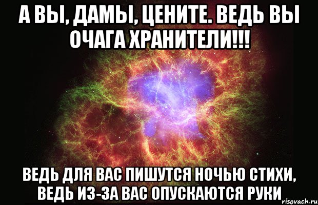 а вы, дамы, цените. ведь вы очага хранители!!! ведь для вас пишутся ночью стихи, ведь из-за вас опускаются руки, Мем Туманность