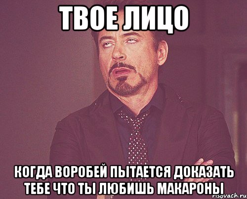 твое лицо когда воробей пытается доказать тебе что ты любишь макароны, Мем твое выражение лица